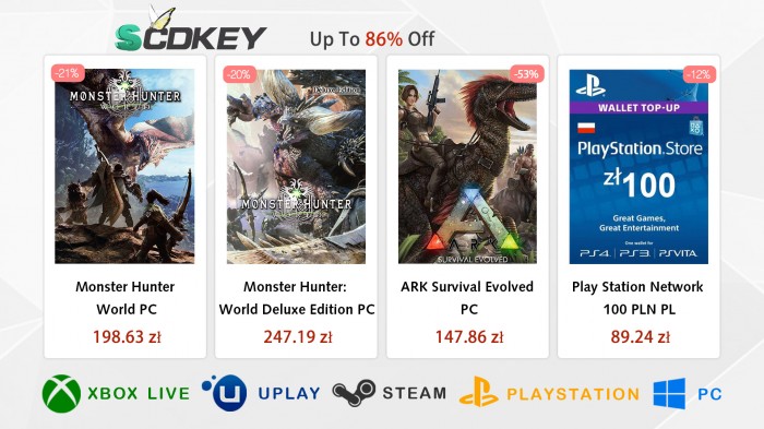 Przeceny na SCDKey, tym razem taniej Monster Hunter World oraz doadowanie portfela PlayStation Store